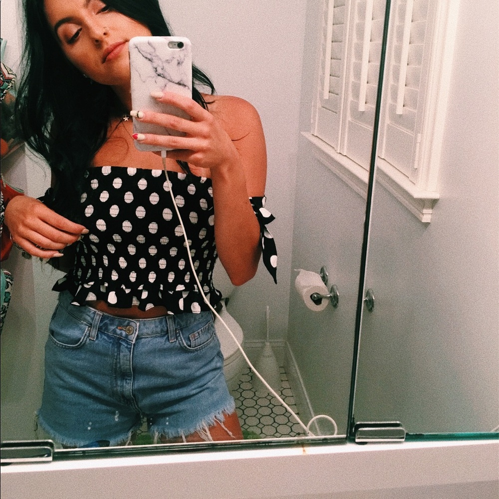 Black & white polka dot off the shoulder top
